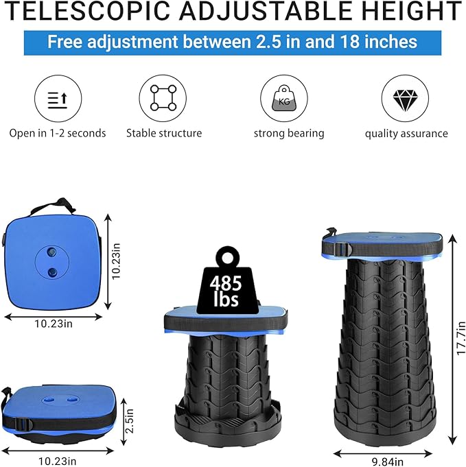 ZTMT Upgraded Folding Stool - 485lbs Load Capacity,Telescopic Stool,Portable Collapsible Seat for Camping,Fishing,Hiking,Travel