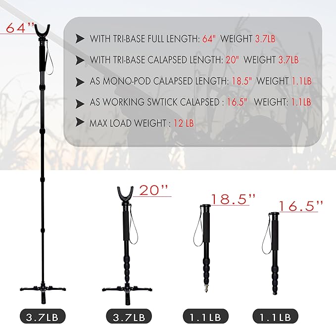 AUSCAMOTEK Rifle Shooting Stick with Tri-Stand Base – Lightweight Aluminum Shotgun Monopod Rest with 360° Swivel Yoke, Adjustable 22"–66", Foldable & Portable Shooting Support