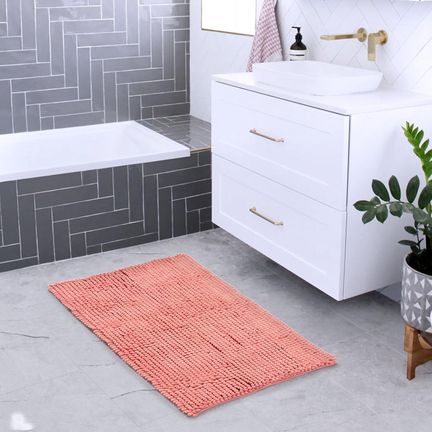 FRESHMINT Chenille Bathroom Rugs Mat 24"x17",Non-Slip Bath Mat for Bathroom Floor & Bathtub, Washable Soft Shower Shag Bath Rugs, Durable Fluffy Thick Water Absorbent Microfiber Shower Mat, Coral