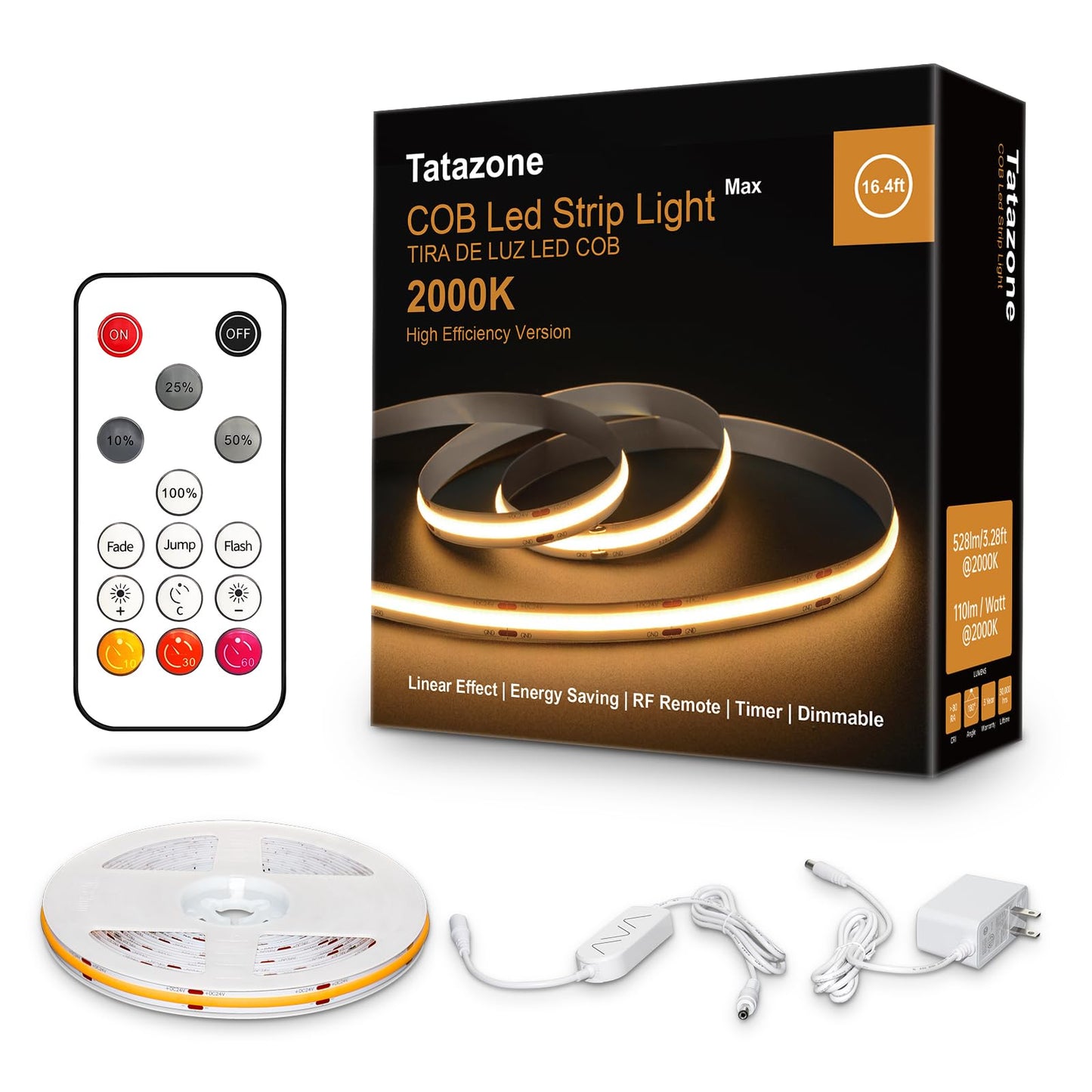 Tatazone Orange Color COB Led Strip Lights with RF Remote, 16.4ft 2000K Dimmable Bright Dotless Yellow Led Light Strip, Adhesive Indoor Gold Yellow Led Lights for Cabinet, Living Room