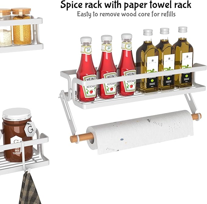 3 Pack Wall Mounted White Spice Rack With Paper Towel Holder and Hooks, Space Saving Adhesive Hanging Spice Rack for Spice Jars and Seasonings,Spice Racks Organizer for Cabinet,Pantry Door