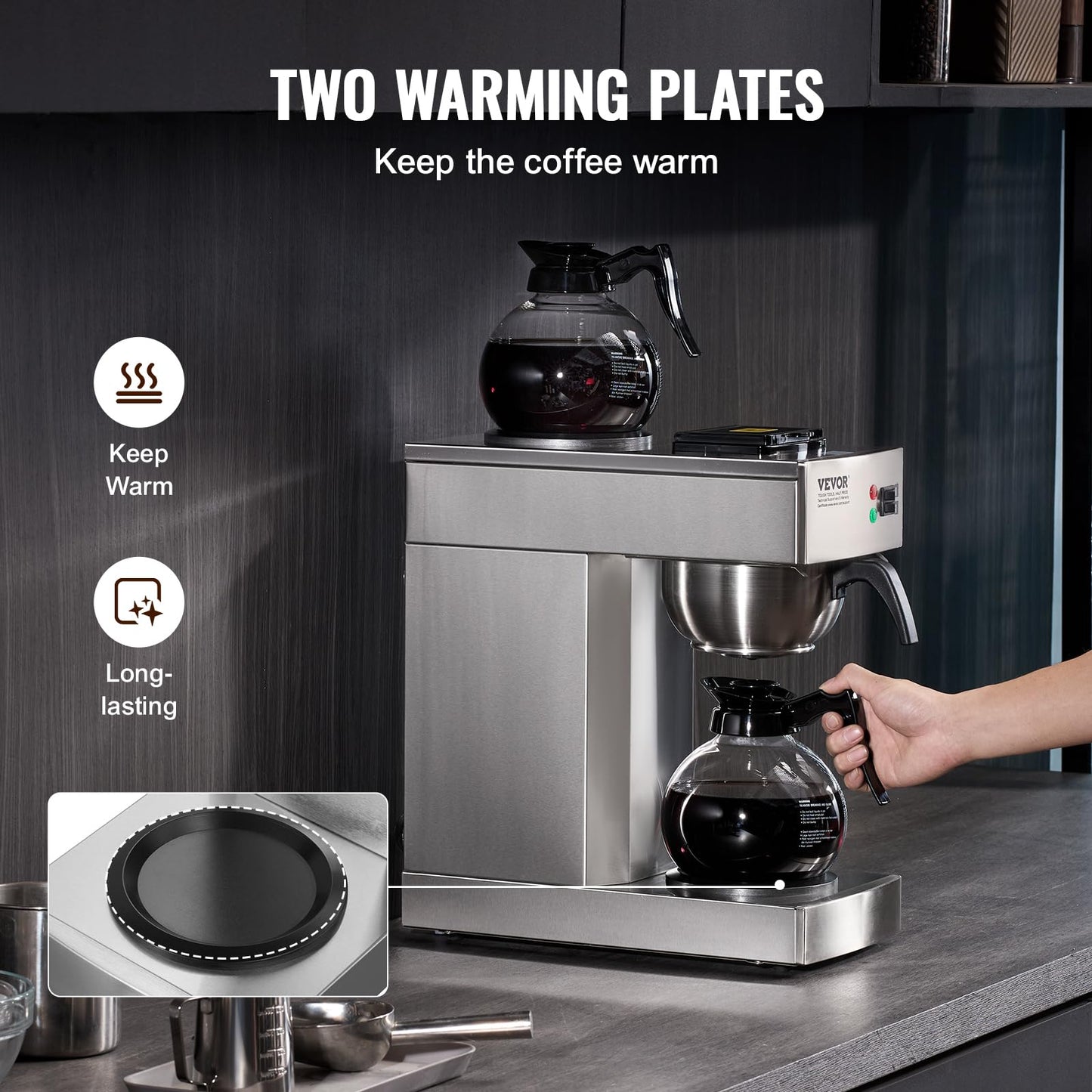 VEVOR 12 Cups Commercial Drip Coffee Maker, Coffee Maker Machine with 2 Glass Carafes and 2 Warmer Plates, Stainless Steel Pour Over Coffee Brewer for Restaurant, Office, Cafe