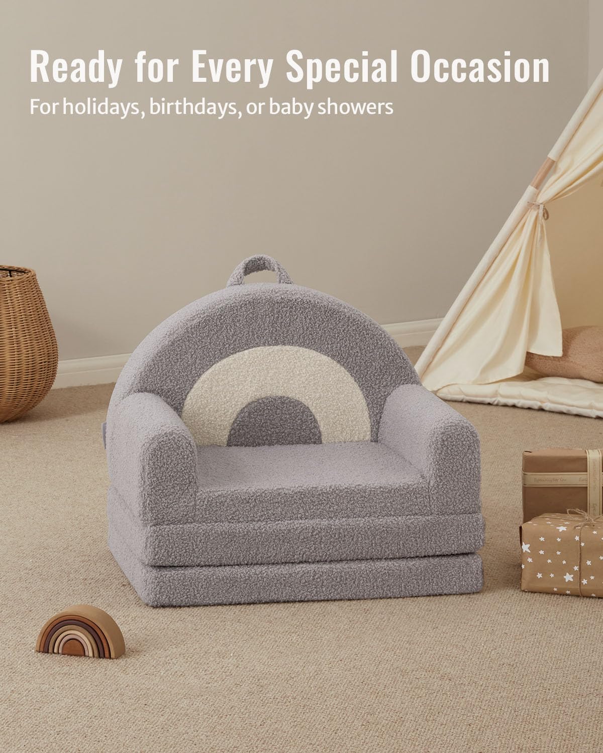 Blissful Diary Foldable Toddler Couch, 2-in-1 Comfy Toddler Chair & Lounger for Reading, Nap, Playroom, Kids Couch Sofa for 1 2 3+ Year Old Girls Boys Birthday Gift, Light Gray Arclet
