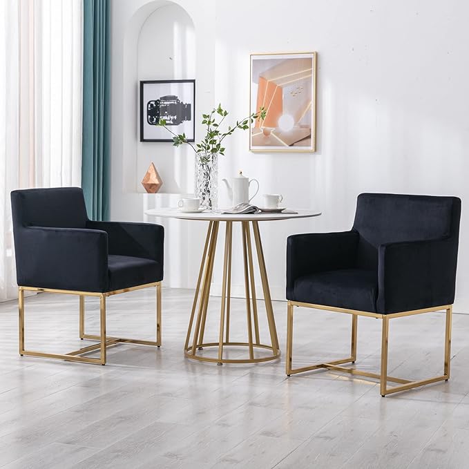 BESTANO Set of 2 Upholstered Velvet Dining Chairs with Armrest, Mid Century Modern Accent Armchairs, Modern Kitchen & Dining Room Chairs with Gold Frame, Black