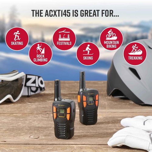 Cobra ACXT145 Compact and Lightweight Walkie Talkies for Adults & Compatible Cobra Surveillance Headset: Rechargeable, 22 Channels, Long-Range, 2 Two-Way Radios, 2 Headsets, Black/Orange