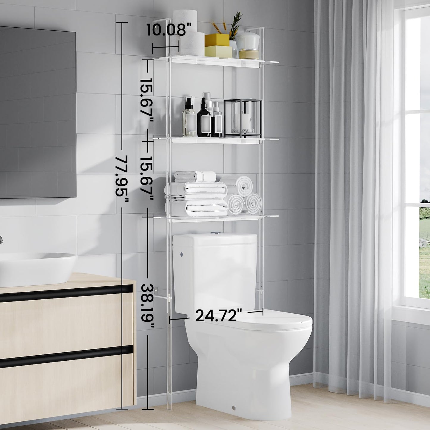Sumerflos Acrylic Over The Toilet Storage Shelf - 3 Tier Clear Over-The-Toilet Bathroom Organizer Rack Above Toilet Shelves Standing for Bathroom Living Room Bedroom Modern