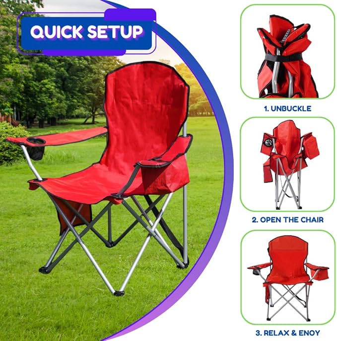 EZONE 2-Pack Camping Chairs with Built-in Ice Cooler, Portable Chair, Storage Pocket, Cup Holder, and Carry Bag Perfect for Camping, Tailgating, Fishing, Beach, and Lawn (2, Red)