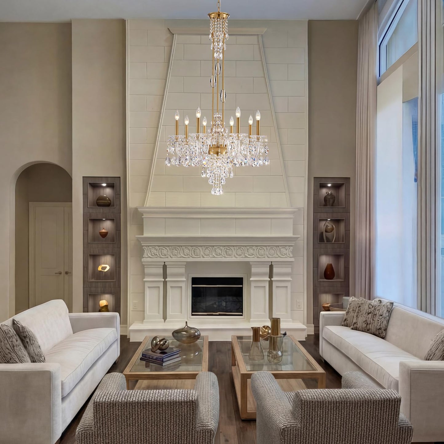 Duluyiee 8-Light Crystal Candle Chandelier, Brass Gold Chandelier for Dining Room, Entryway & Living Room, Adjustable Height, E12 Base