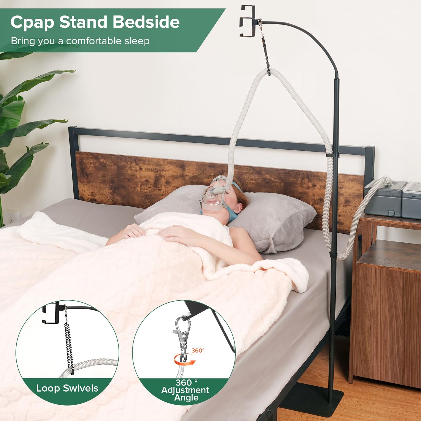 EonRivet CPAP Hose Holder for Bedside -All-Metal Stand with Aluminum Hook |NoWall Drilling | Fits ResMed/Philips/AirSense Tubing | Helps Keep Hose Clean &Tangle-Free