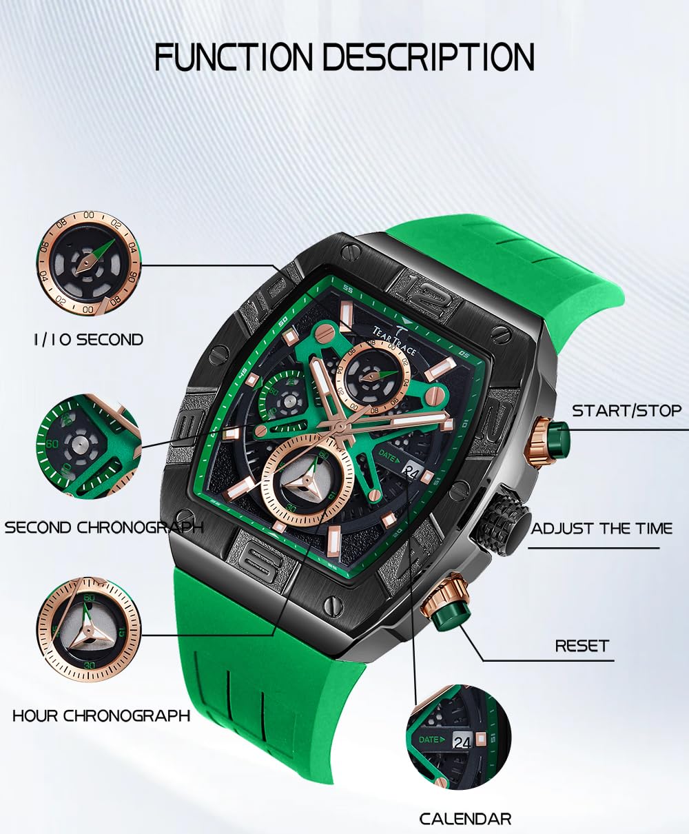 TEARTRACE Men's Watch Analog Waterproof Fashion Date Wrist Watch, Skeleton Tonneau Watch for Men with Chronograph,Ideal for Sports Enthusiasts and Daily Wear - Perfect Gifts for Men