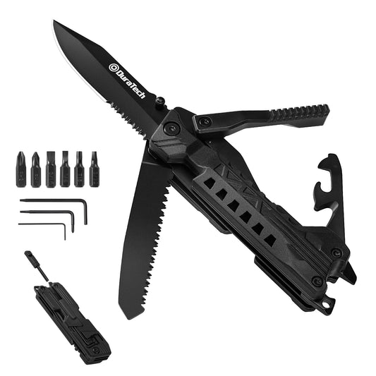 DURATECH 20 in 1 Multitool with Safety Locking, Pocket Tool with Pocket Knife, Screwdriver, Saw, Can Opener, Bottle Opener, Whistle, Fire Starting Sticks, Multi Tool for Outdoor, Hunting, Hiking