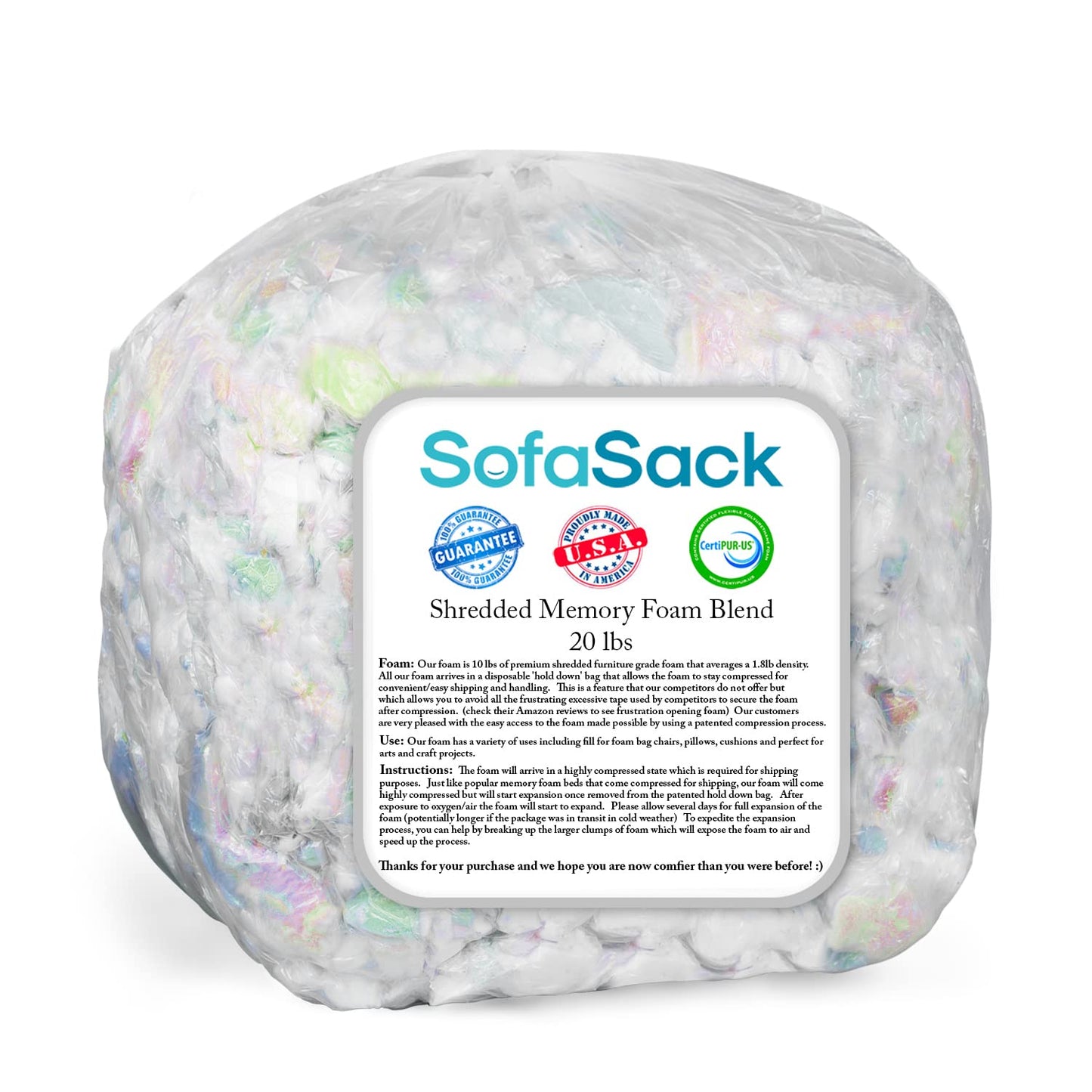 Sofa Sack Shredded Foam Refill: Memory Foam Filling Refill for Bean Bags, Dog Beds and Pillows, 20lbs, Multi-Color