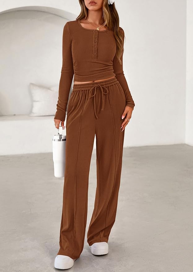 PRETTYGARDEN Women's 2026 Fall Trendy 2 Piece Outfits Lounge Sets Long Sleeve Top Henley Shirts Wide Leg Pants Travel Clothes