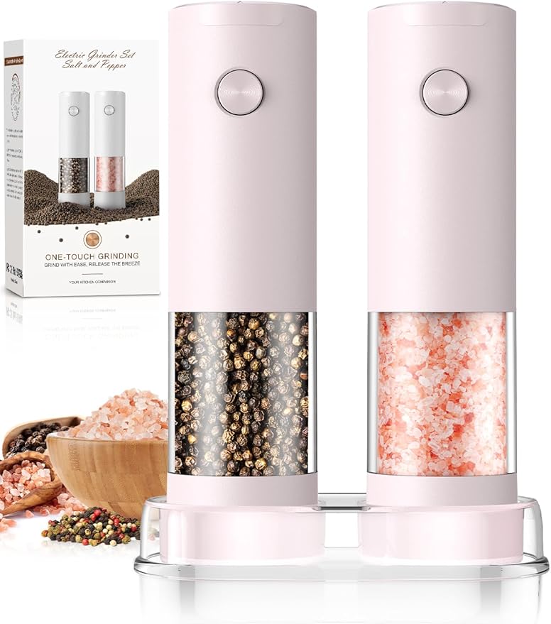 Salt and Pepper Grinder Set Birthday Gifts for Mom Automatic Battery Upgraded Larger Capacity Pink Salt Pepper Set New Apartment Gifts for Housewarming White Elephant Gifts for Adults