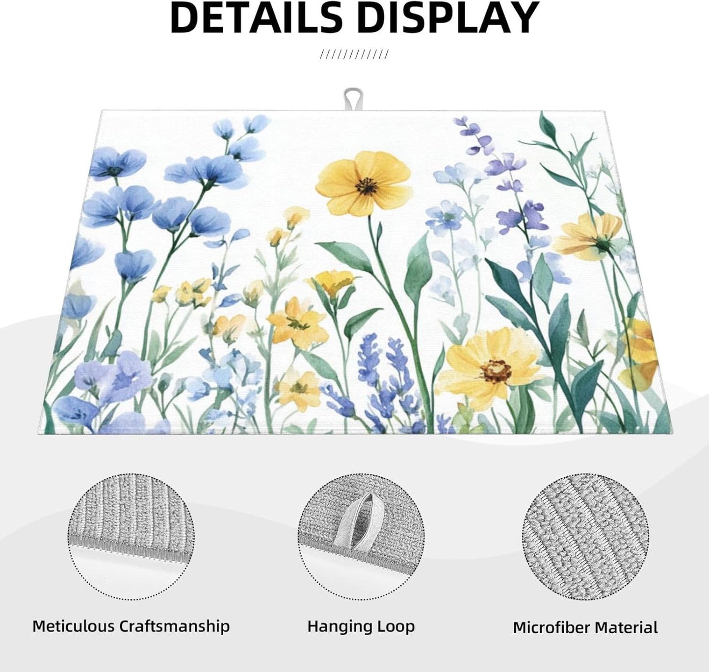 Dish Drying Mat for Kitchen Botanical Flower Watercolor Floral Counter Absorbent Dishes Drainer Microfiber Large 18x24 Inch