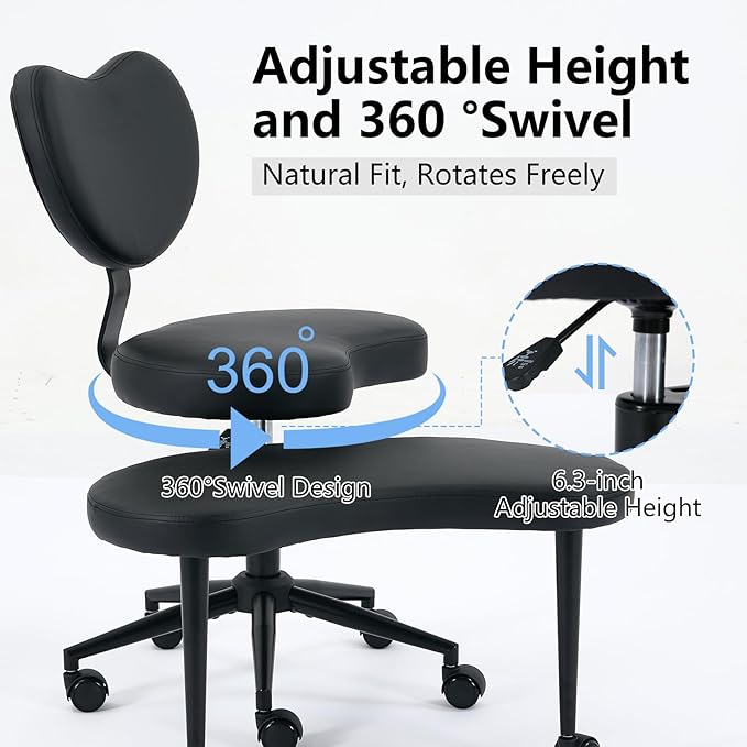Cross Legged Office Chair with Wheels–360°Swivel Meditation Chair, Adjustable Height Yoga Office Chair for Adults, Ergonomic Kneeling Chair with Back Support for ADHD, PU Leather, Black