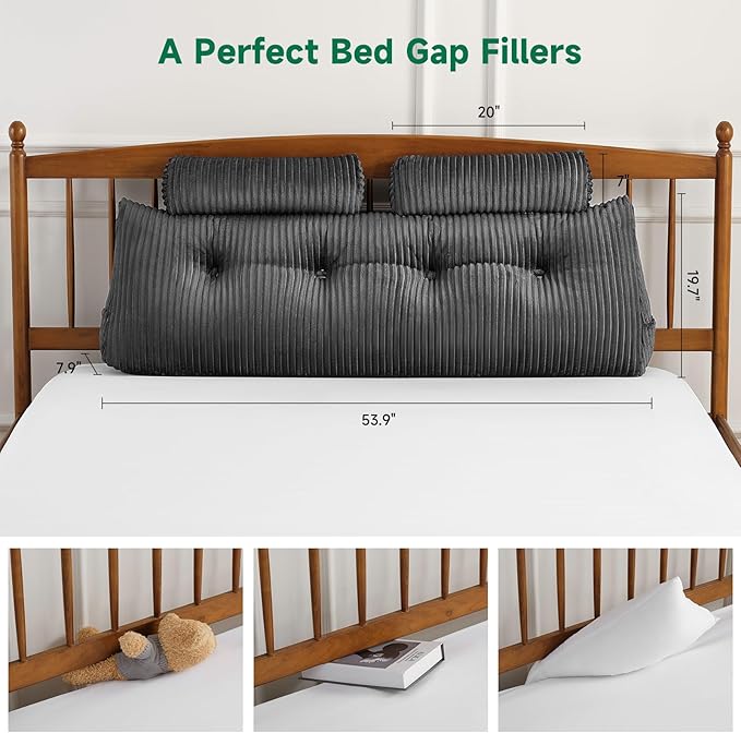 Z-hom Large Wedge Pillow Headboard, Full Triangular Headboard Pillow, Reading Pillow Bed with a Roll Pillow for Bed Sitting Up Sleeping, Backrest Cushion Headboard Gap Pillow for Back,Grey
