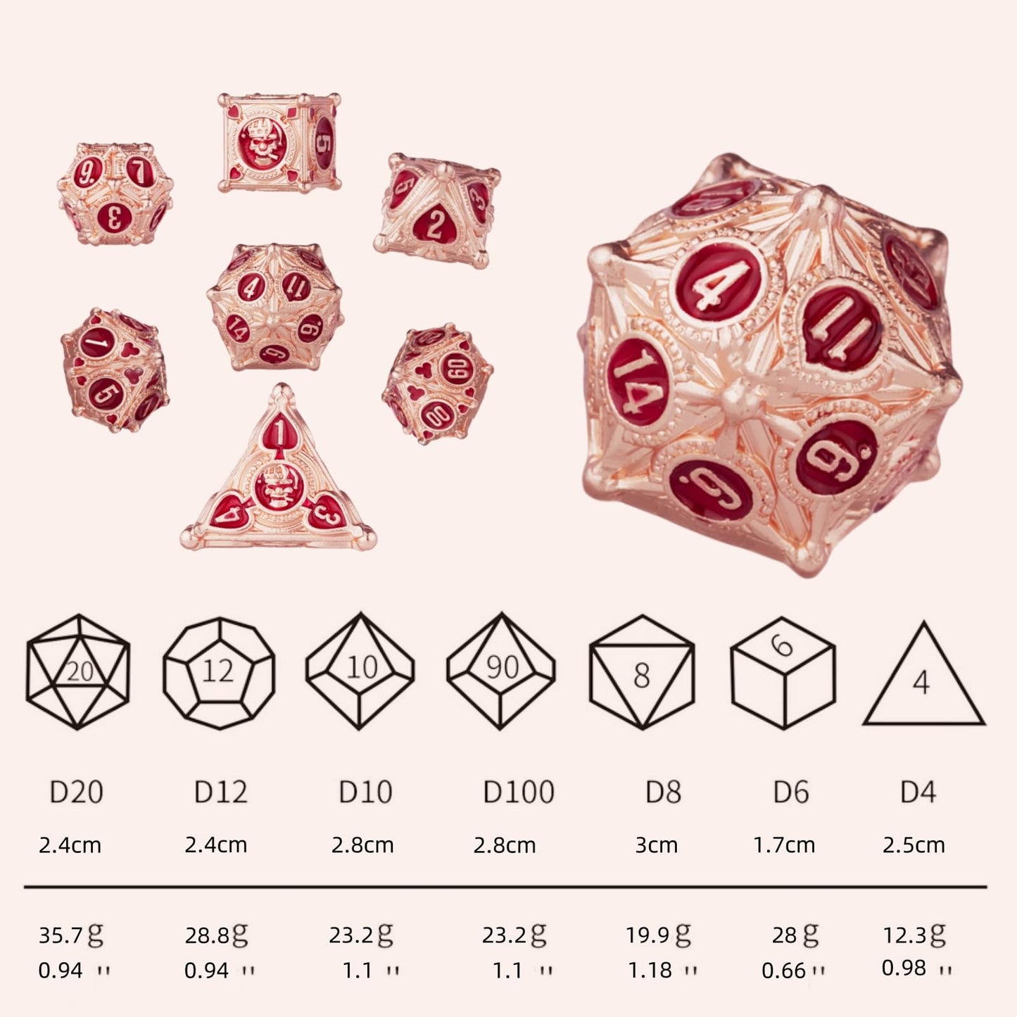 Surpass Metal dice Set red DND dice Set RPG dice Rose Gold Polyhedral Metal dice for Dungeons & Dragons Games Poker Theme Design (Rose red)