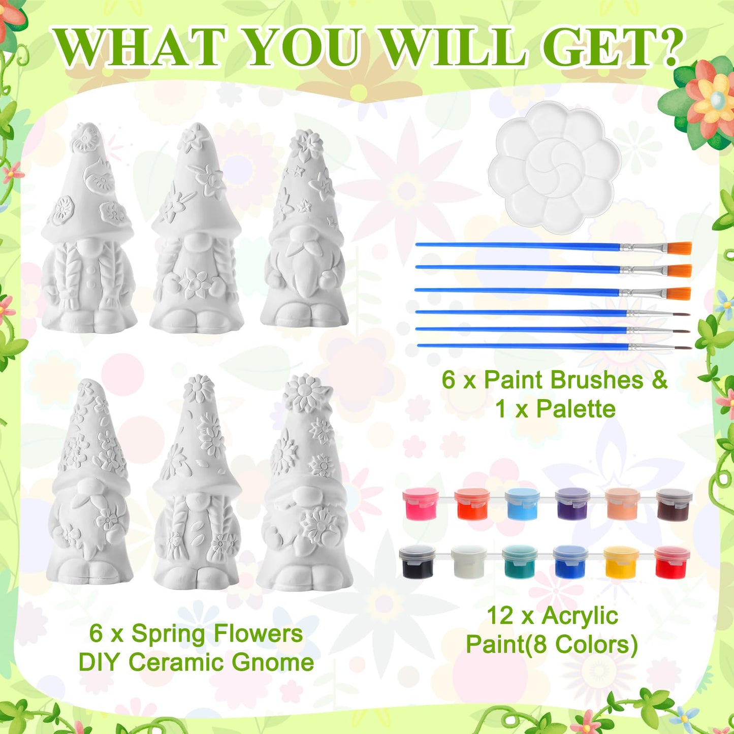 Arrowbash 6 Pcs Spring Ceramics to Paint Ready to Paint Your Own Gnome Statues 5.12 Floral Theme Paintable Figurines DIY Unpainted Sunflowers Ceramics Plaster Crafts Kit with Brush Palette Paint