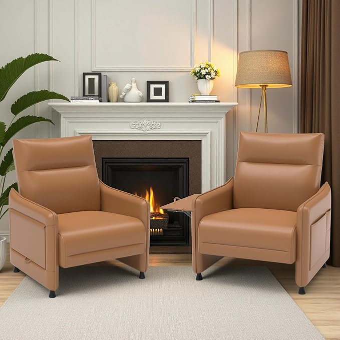 Tbillionnext Upholstered Accent Sofas Set of 2, Modern Faux Leather Sofa Chairs with Hidden Foldable Tray & Side Pocket, Rear Contour Arm Design, Small Accent Sofas for Living Room, Brown