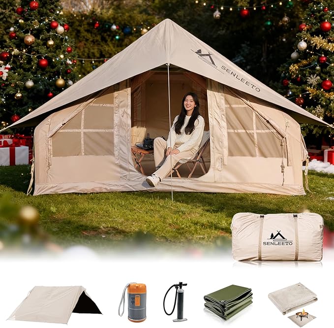 Inflatable Camping Tents 8-10 Person,129 Square Feets Large Inflatable Camping Tent with Stove Jack,Blow up Tent with Mesh...