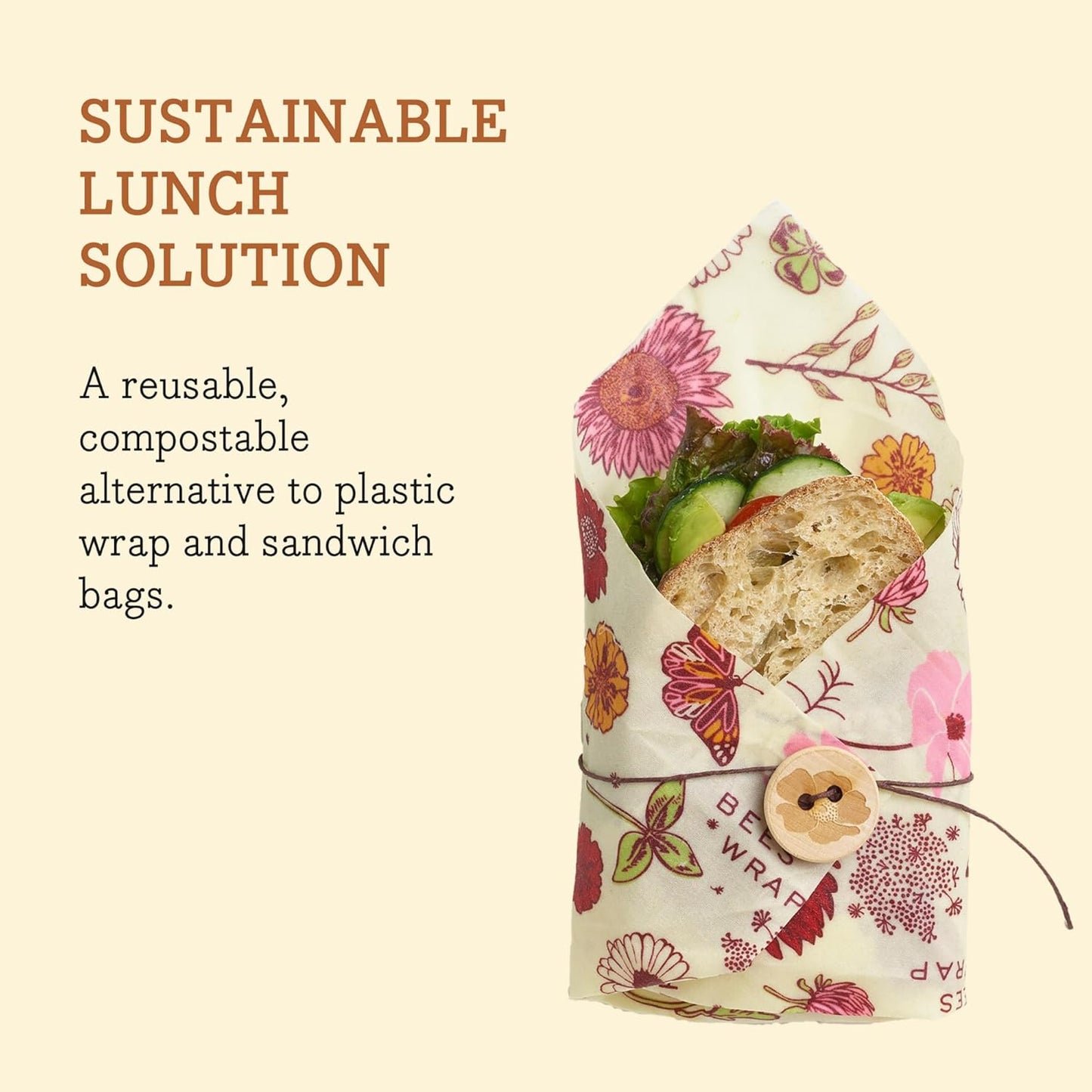 Bee's Wrap Vegan Beeswax Wraps for Food - Vegan Meadow Magic Sandwich Wrap - Made in USA Reusable Bread Bags - Organic & Eco-Friendly Alternative to Aluminum Foil, Sandwich Bags & Plastic Wrap
