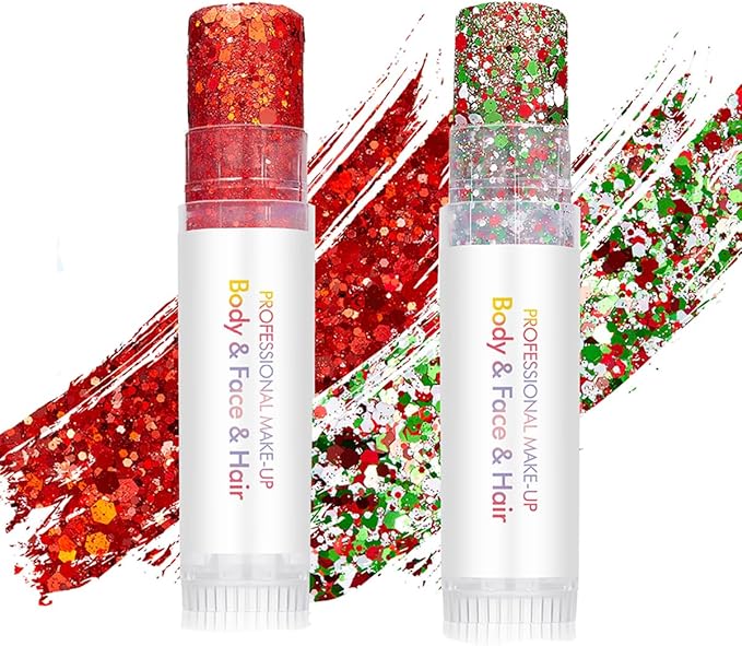 Body Glitter Stick for Face, Body & Hair - Red & Green Chunky Sparkle Glitter, 2 Pack | Long Lasting Party Makeup for Fest...