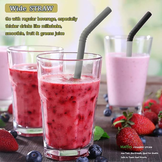 Walfos Silicone Straws - Reusable straws Bendy straws for Smoothies/20 & 30 oz Tumblers, BPA Free. 2 Size (3pcs Wide S + 3 pcs Regular + 2 Cleaning Brushes）