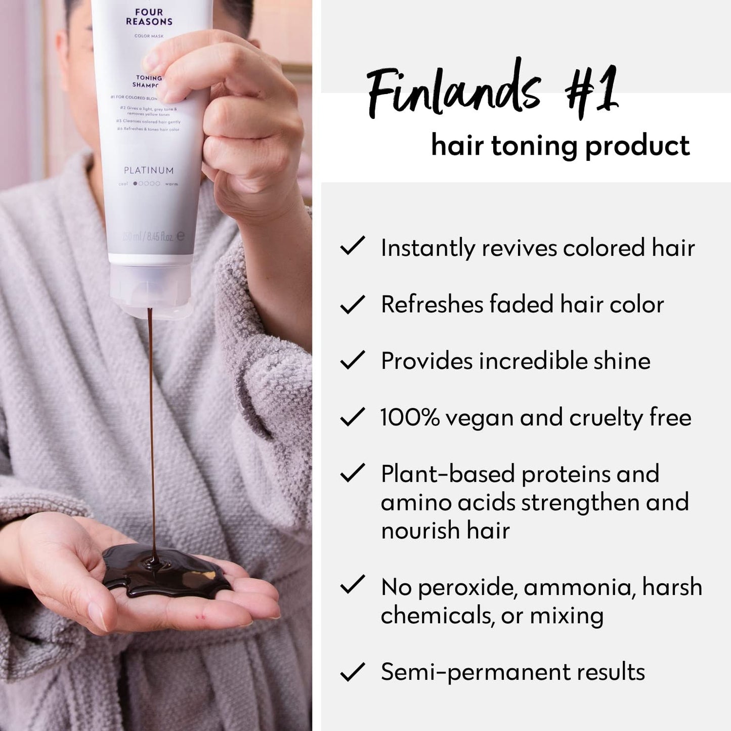 FOUR REASONS Color Depositing Shampoo for Color Treated Hair - Platinum Blonde/Grey, Sulfate Free Grey Hair Toner, , 8.45 Fl Oz