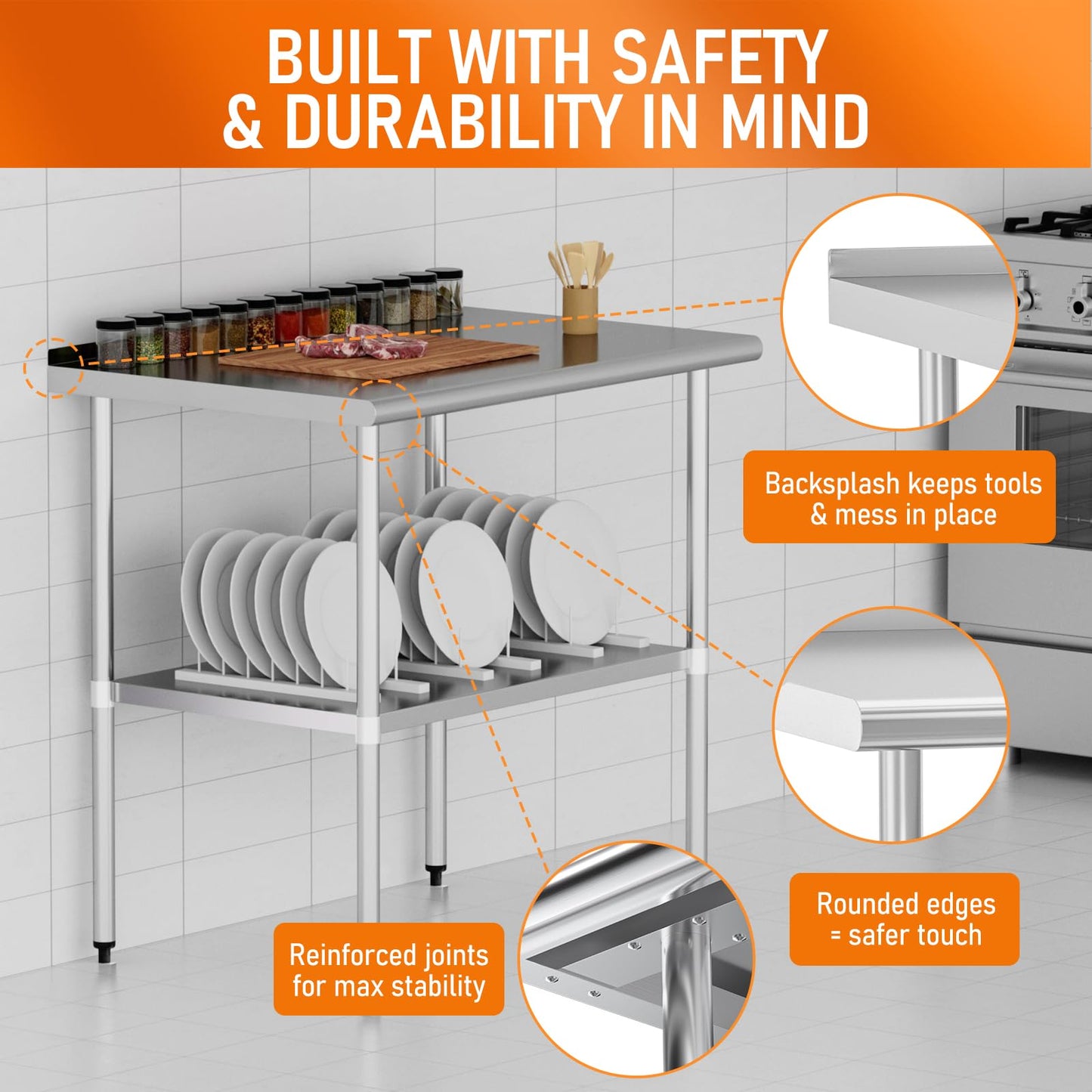 HOCCOT Stainless Steel Table 30" x 36" with Adjustable Undershelf and Backsplash, Commercial Metal Workstations for Kitchen, Garage, Outdoor BBQ