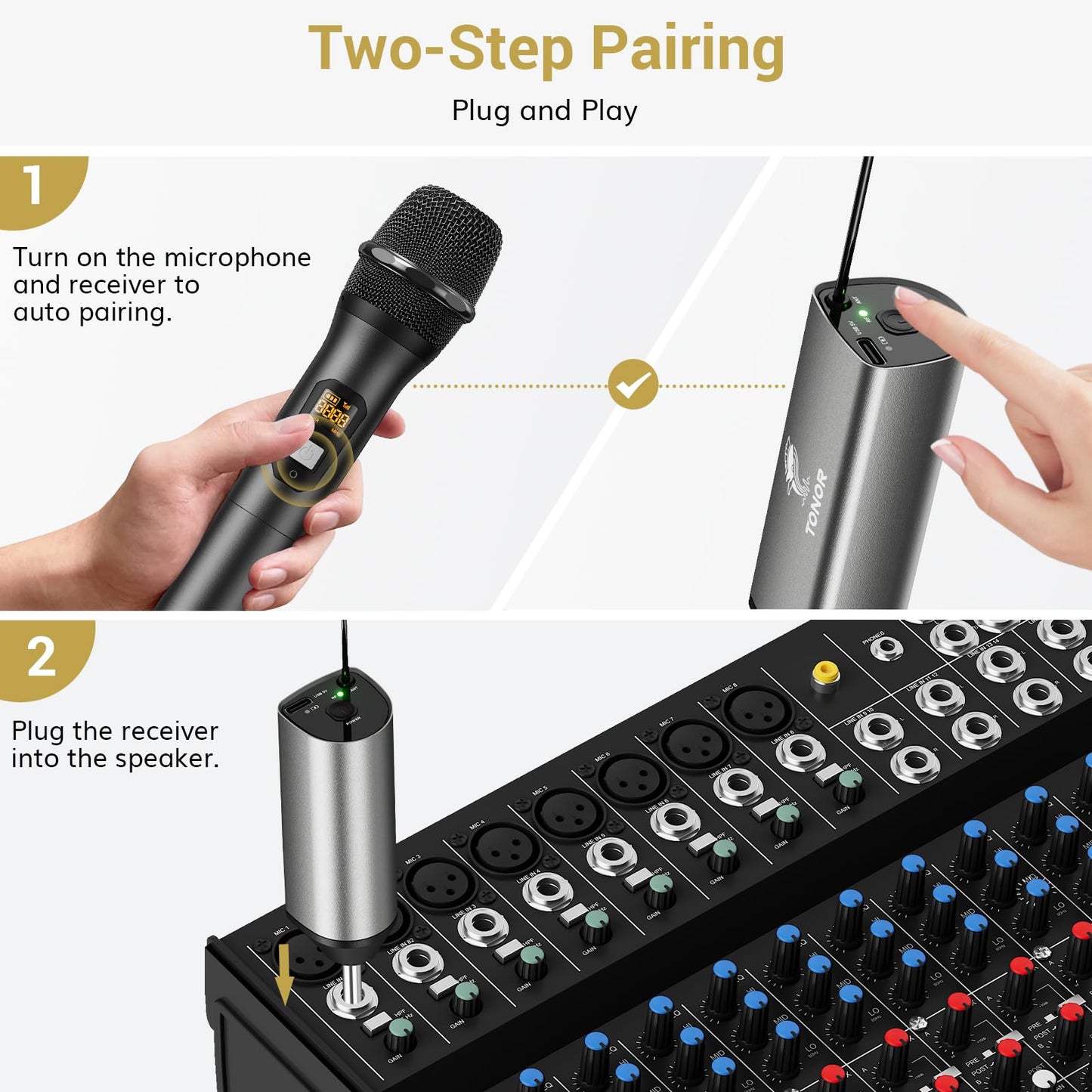 Tonor Wireless Microphones, Uhf Metal Dual Cordless Dynamic Mic System With Rechargeable Receiver, Microfonos Inalambricos Profe