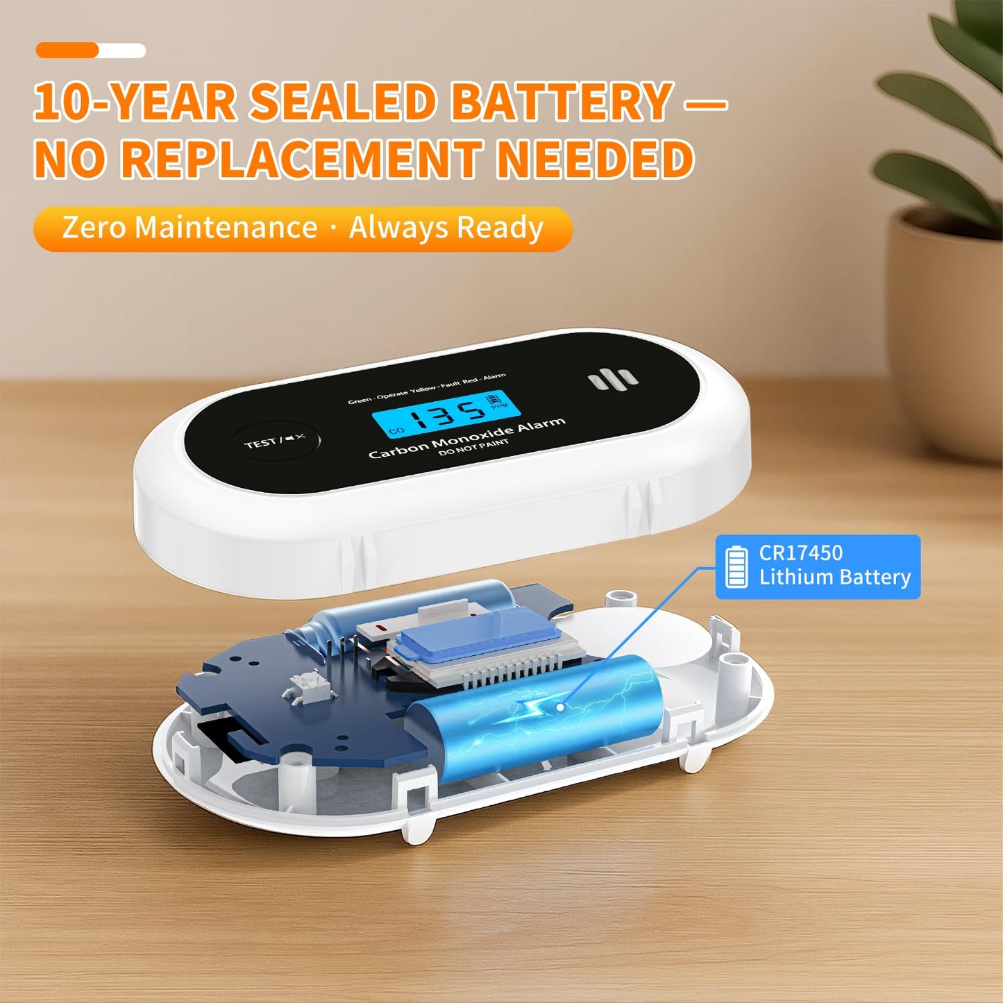Carbon Monoxide Detector，Portable 10-Year Sealed Battery CO Alarm with LCD Display, CO Detector for Home ，Office and Travel