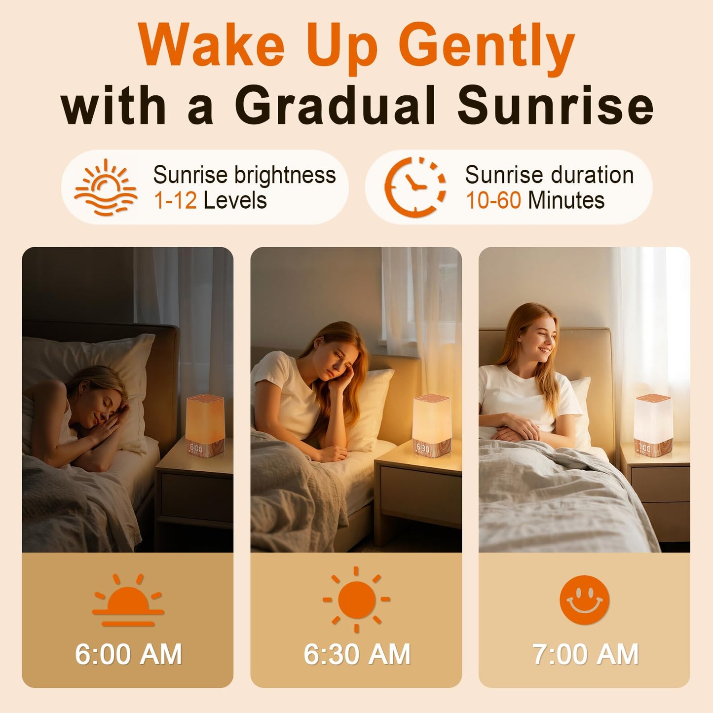 Sunrise Alarm Clock with Noise Machine: Digital Alarm Clock for Bedrooms, Nature Sounds for Gentle Wake Up, 30 Sleep Sounds, Adjustable Brightness & Volume, Timer - Wood Grain