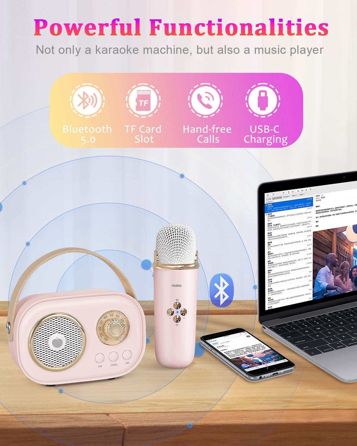 PRUNUS C20 Mini Karaoke Machine Portable Bluetooth Speaker with Wireless Microphone 6 Sound Modes for Adults&Kids Birthday Home Farmily Friends Party Gifts for Girls Boys Friends-Pink