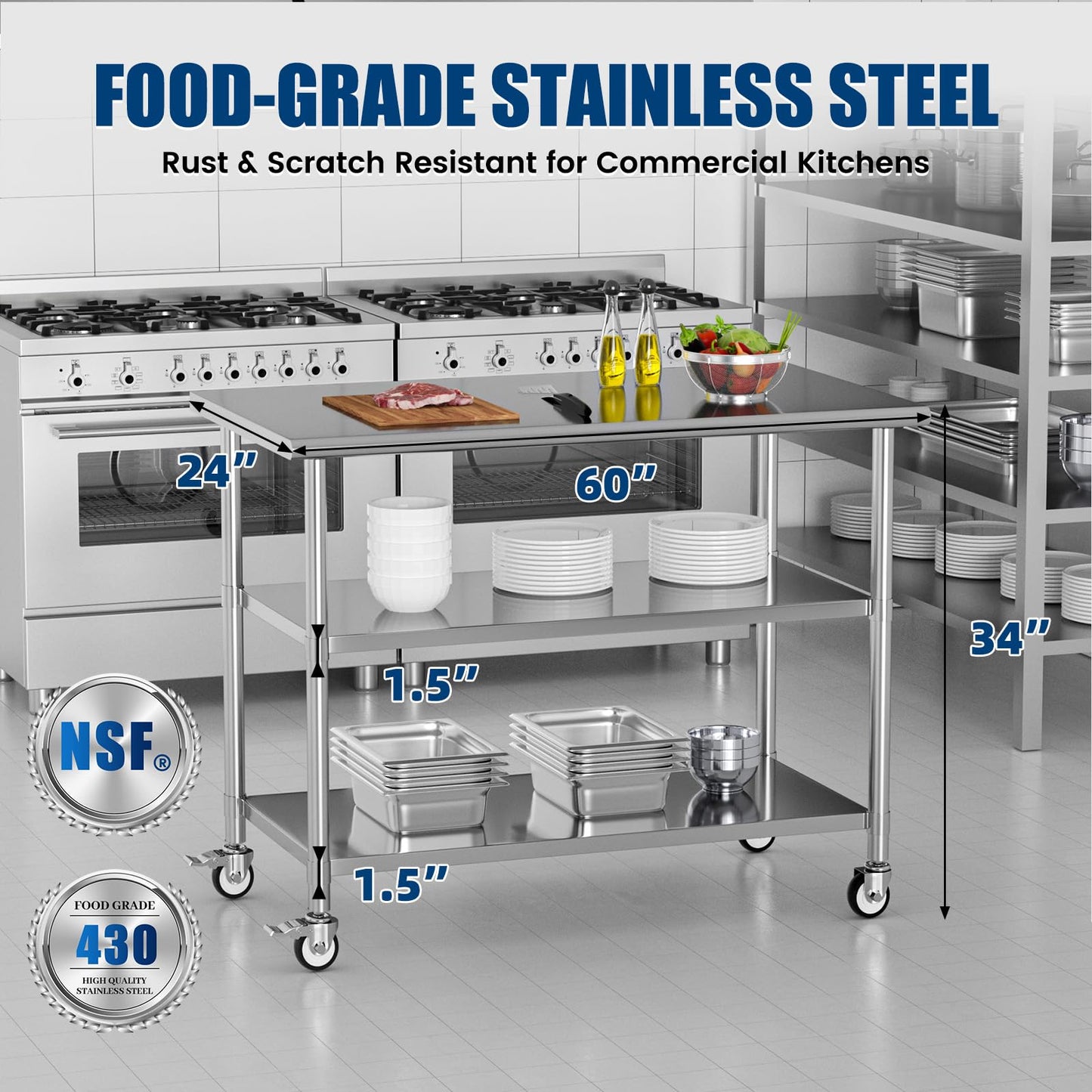 Chingoo Stainless Steel Work Table with Wheels, 24x60 Inch NSF Kitchen Prep Table with 2 Adjustable Undershelves for Commercial Restaurant, Garage, Outdoor BBQ