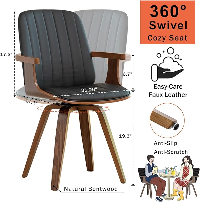 WUPOTO Set of 1 Swivel Dining Chairs, Kitchen Swivel Chairs with Walnut Craftsmanship, Upholstered Faux Leather, Wooden Arms and Legs, Walnut Dining Chairs for Kitchen/Living Room - Black