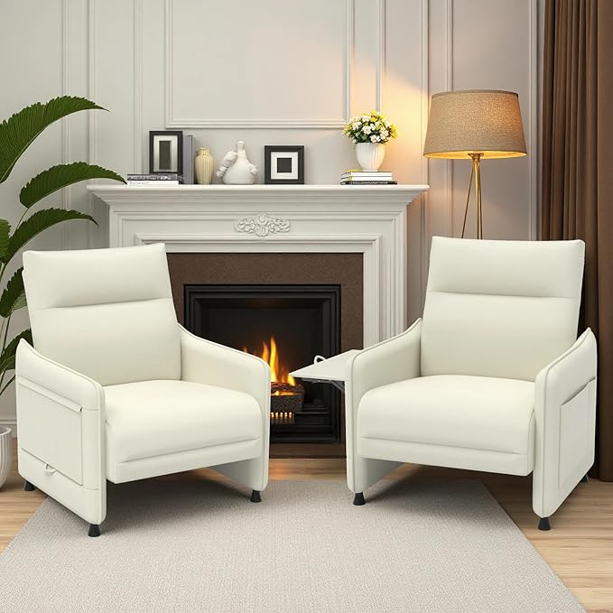 Tbillionnext Upholstered Accent Sofa, Modern Faux Leather Sofa Chair with Hidden Foldable Tray & Side Pocket, Rear Contour Arm Design, Small Accent Sofa for Bedroom, Beige