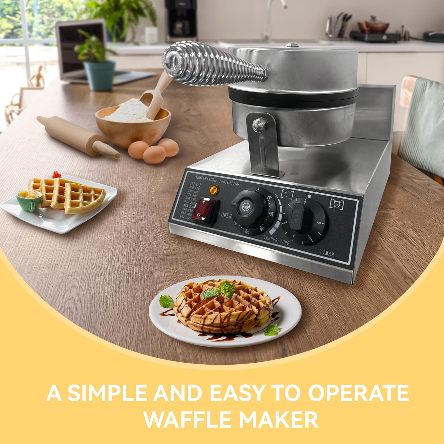 Commercial Waffle Maker, 1200W Stainless Steel Nonstick Round Waffle Iron with 122℉ to 572℉ Temp Range & Time Control, for Household Bakeries Snack Bar