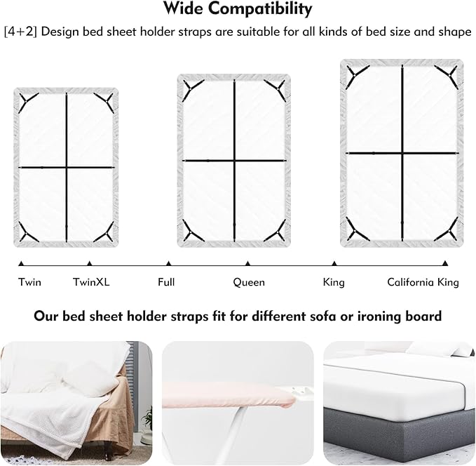 Bed Sheet Holder Straps, 4+2 Pcs Adjustable Mattress Sheet Clips, Bed Sheet Fasteners Elastic Sheet Suspenders to Keep Bed Sheet in Place for Different Beds (Black)