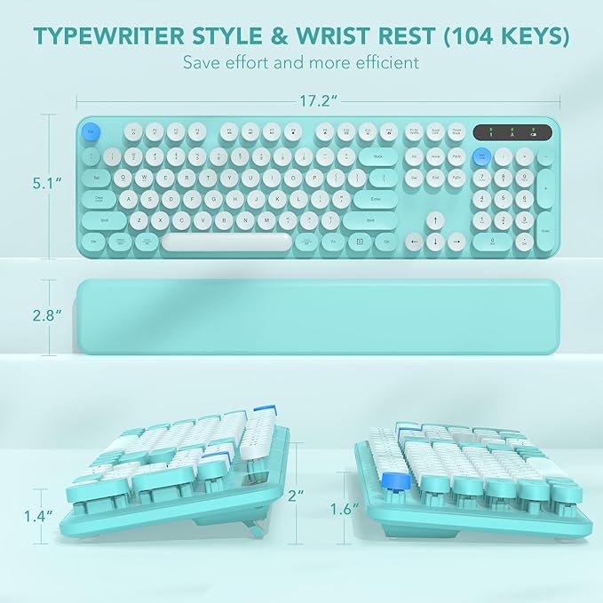 Wireless Keyboard, Round Keycaps, Retro Typewriter Keyboard with Detachable Wrist Rest, Sleep Mode, Foldable Legs, 2.4GHz Full-Size Cordless Computer Keyboard for Windows/PC/Laptop (Tiffany Blue)