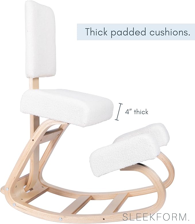 Sleekform East Austin Ergonomic Kneeling Chair with Back Support - Boucle and Wood Ergo Stool for Desk - Best Ergonomic Kneeling Office Chair for Posture and Leg Circulation