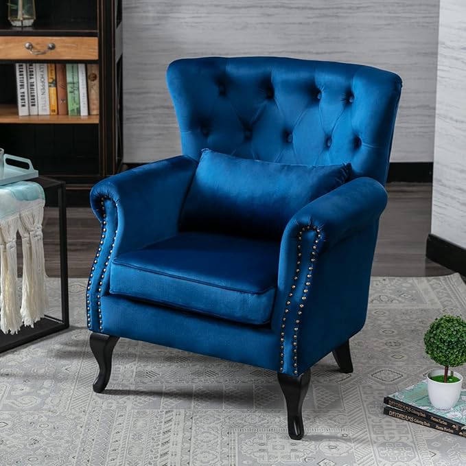 chairus Mid-Century Modern Accent Chairs Set of 2 Comfy Tufted Single Sofa Chair Wingback Armchair with Pillow for Club, Living Room, Bedroom - Velvet, Blue