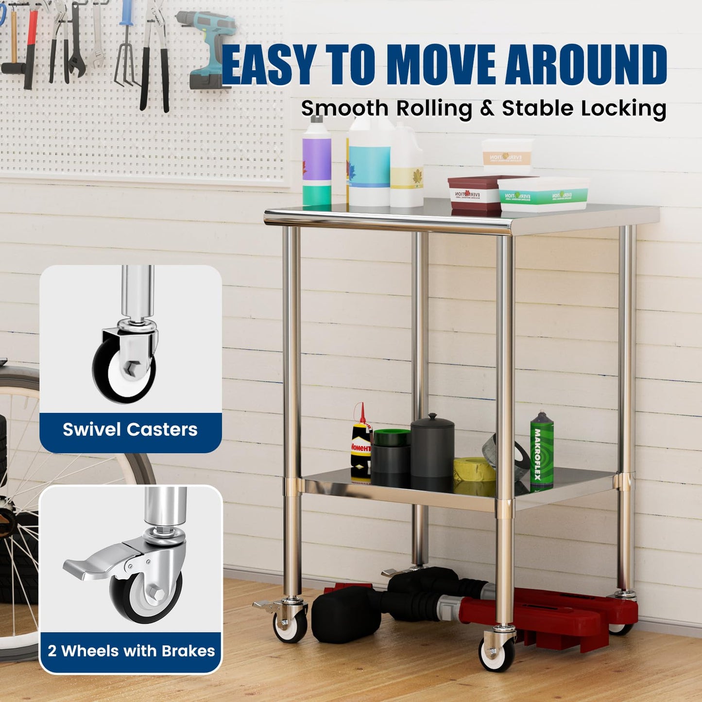 Chingoo Stainless Steel Work Table with Wheels, 24x24 Inch NSF Kitchen Prep Table with Adjustable Undershelf for Commercial Restaurant, Garage, Outdoor BBQ