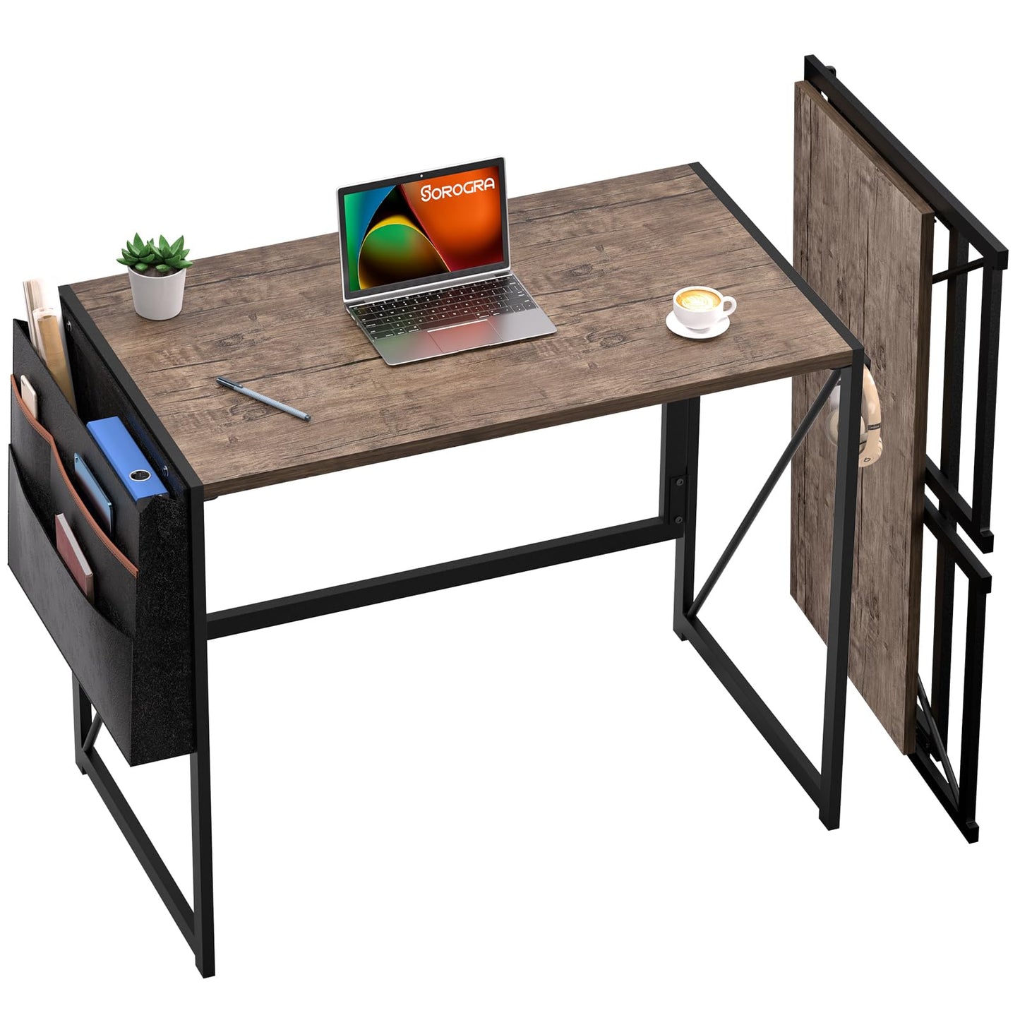 SOROGRA Folding Desk with Storage Pocket for Small Spaces, 31.5 Inch Foldable Desk with Headphone Hook for Bedroom Home Office, Portable Writing Table, Easy Assembly, Brown