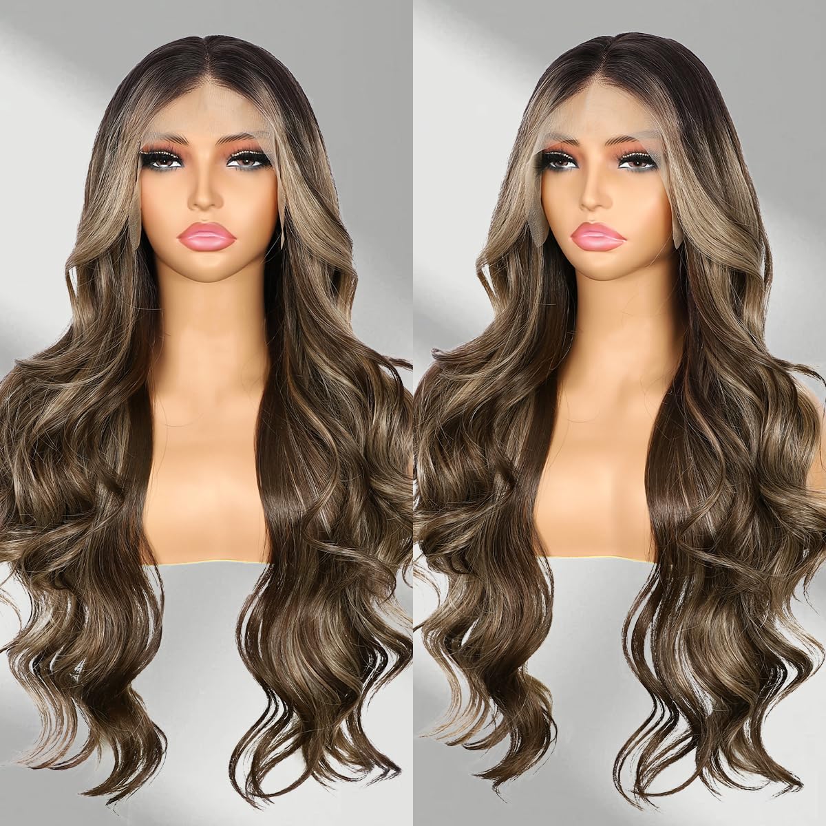 BABEHERS Brown Lace Front Wig for Women 13x4 Highlight synthetic Wig Pre-plucked Body Wave Long Wavy 150% Density Heat Resistant
