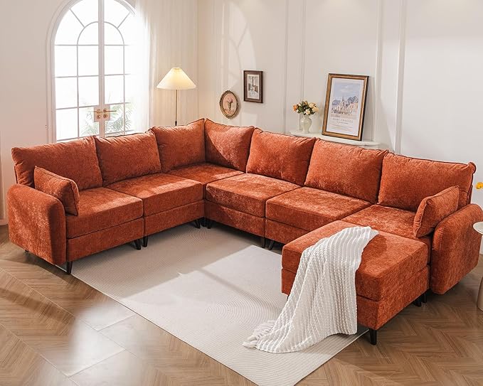 Rexulqo 135'' Modular Sectional Sofa with Storage Seat,Oversized U Shaped Couch with Ottoman,7 Seater Couches for Living Room,Bedroom,Velet,Orange