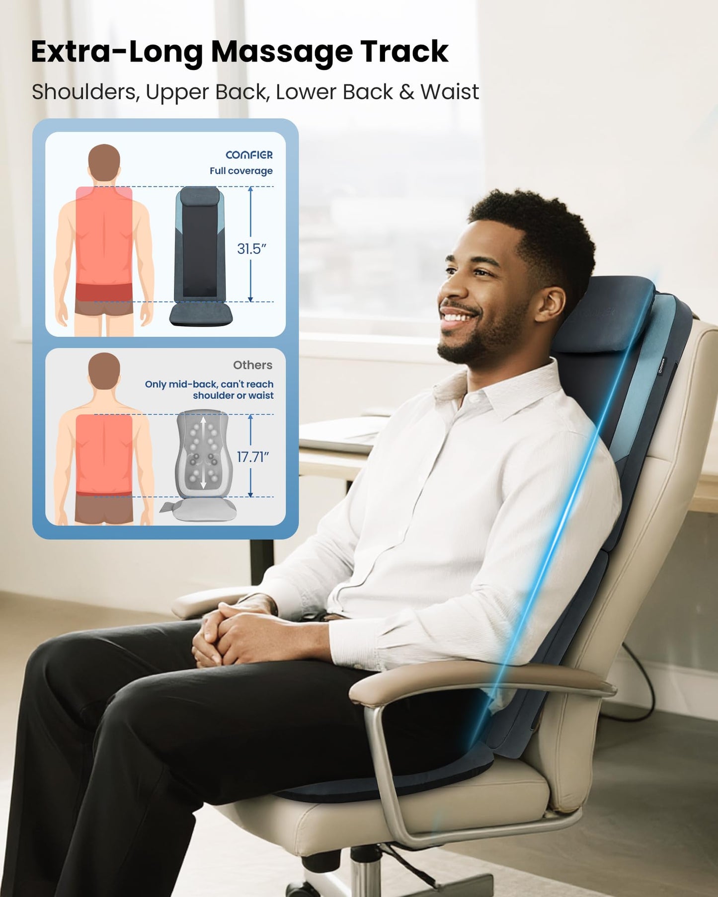 COMFIER Shiatsu Back Massager with Heat, Dual Motor 3D Rollers, Long Track Deep Tissue Kneading, Foldable Massage Chair Pad with Adjustable Height for Back Tension & Muscle Stiffness