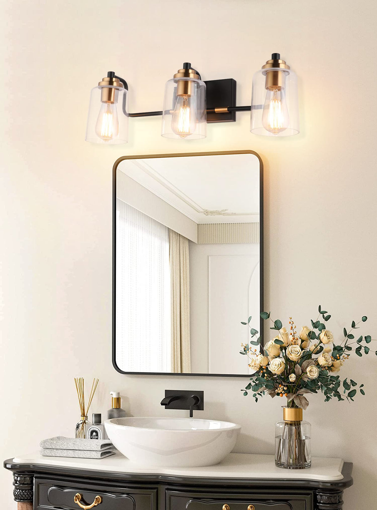 SOLFART Bathroom Light Fixtures 3-Light Vintage Bathroom Vanity Light Over Mirror Wall Sconces in Black Brass Vanity Lights for Bath(Brass)