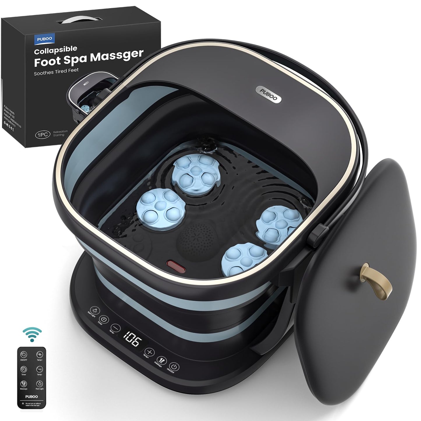 Puboo Electric Foot Bath Massager with Remote, 16 Motorized Massage Balls for Stress Relief, Collapsible Foot Spa Bath Massager