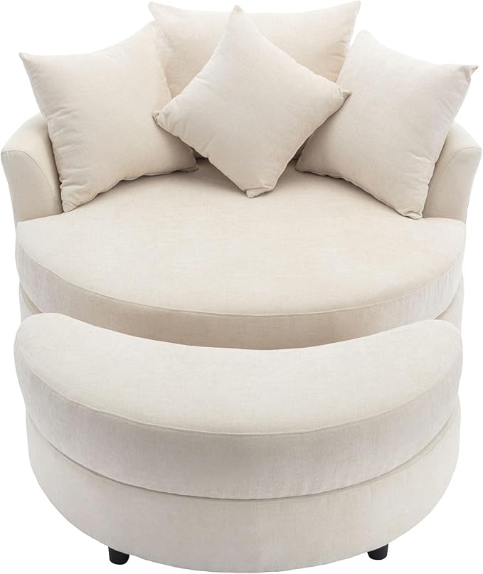 Yoglad Oversized Round Swivel Accent Chair - Modern 360 Degree Barrel Chairs with Storage Ottoman, for Living Room, Bedroom(Chenille- Cream)